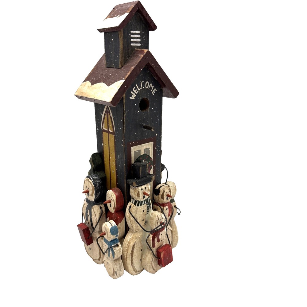 Vtg Rustic Handcrafted Wooden Church w/Singing Snowmen Carolers Figurine 8"